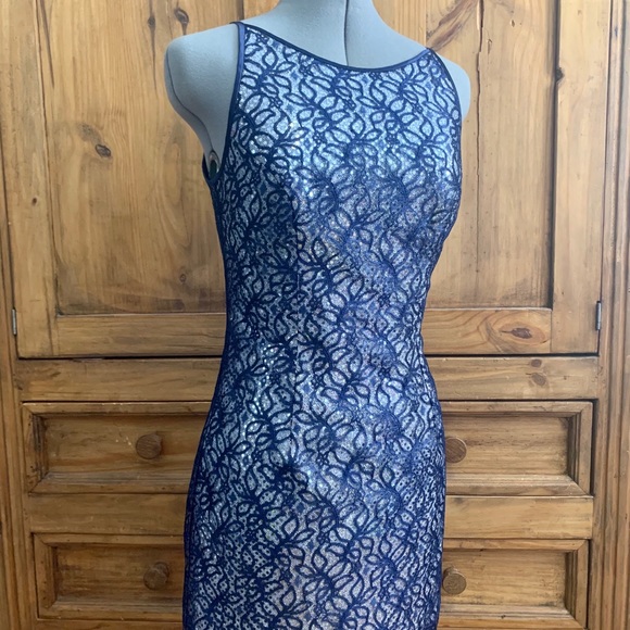 Vintage Jessica McClintock navy lace silver sequin dress retro - Picture 2 of 9